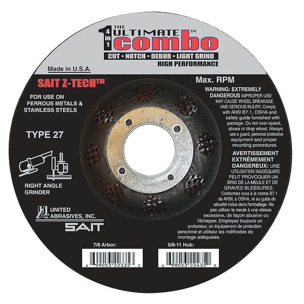 United Abrasives/Sait Depressed Center Cut-Off Wheel, Type 27, 4-1/2" Dia, .095" Thick, 7/8" Arbor Hole Size 22330