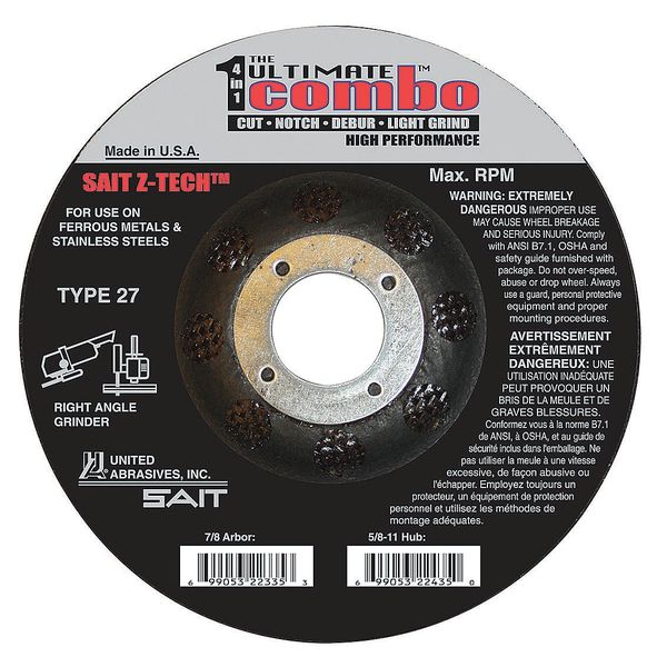 United Abrasives/Sait Depressed Center Cut-Off Wheel, Type 27, 5" Dia, .095" Thick, 7/8" Arbor Hole Size 22335