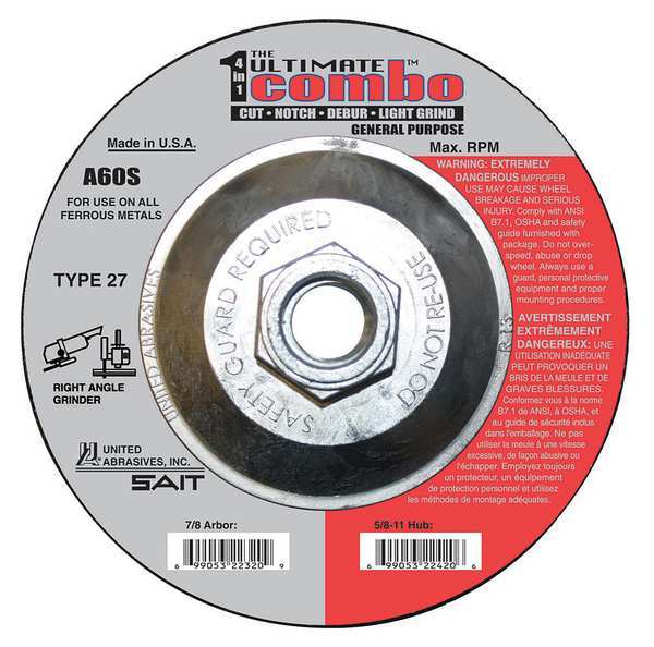 United Abrasives/Sait Depressed Center Cut-Off Wheel, Type 27, 4-1/2" Dia, .095" Thick, 5/8"-11 Arbor Hole Size 22420