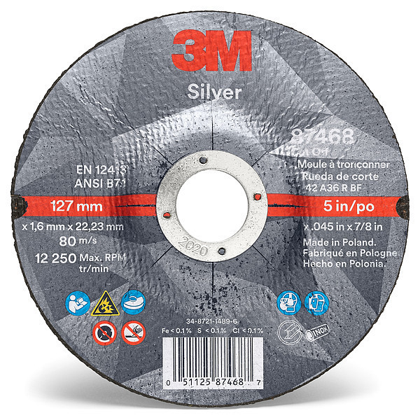 3M Depressed Center Wheels, Type 27, 5 in Dia, 0.045 in Thick, 7/8 in Arbor Hole Size, Ceramic 87468