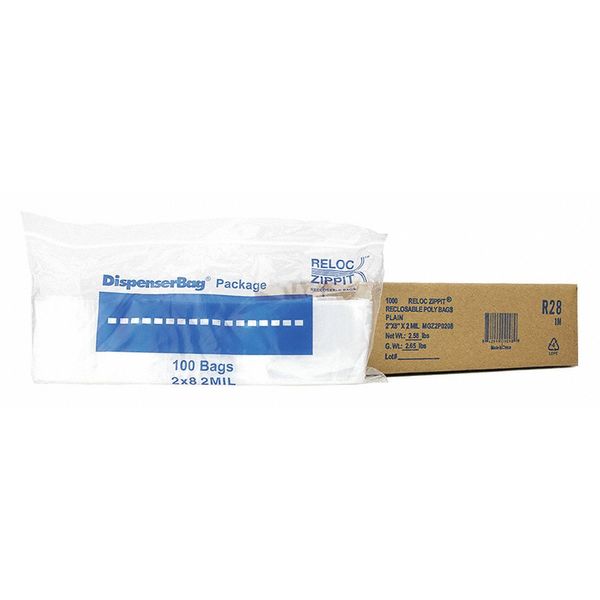 Reloc Zippit Reclosable Poly Bag 2-MIL, 2"x 8", Clear R28