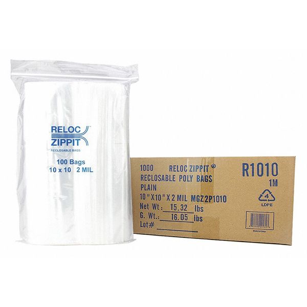 Reloc Zippit Reclosable Poly Bag 2-MIL, 10"x10", Clear R1010