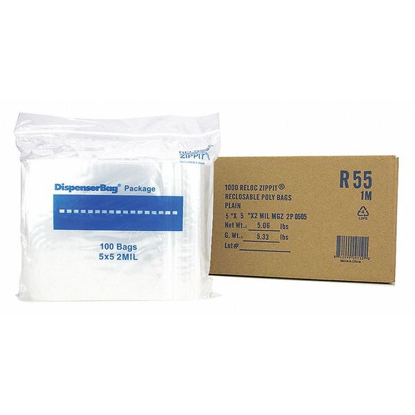 Reloc Zippit Reclosable Poly Bag 2-MIL, 5"x 5", Clear R55
