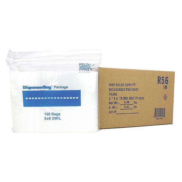 Reloc Zippit Reclosable Poly Bag 2-MIL, 5"x 6", Clear R56
