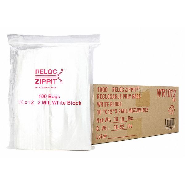 Reloc Zippit Reclosable Poly Bag 2-MIL, 10"x 12", With White Block WR1012