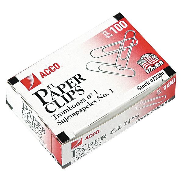 Acco Paper Clip, Silver, Steel Wire, PK1000 ACC72380