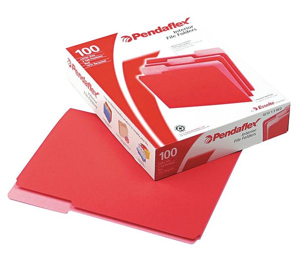 Pendaflex File Folders 8-1/2" x 11", 1/3-Cut Tab, Red, Pk100 PFX421013RED