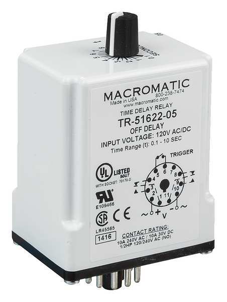 Macromatic Time Dlay Rlay, 120VAC/DC, 10A, DPDT, 3 sec. TR-51622-12