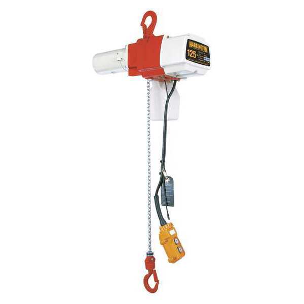 Harrington Electric Chain Hoist, 125 lb, 15 ft, Hook Mounted - No Trolley, 120v, White and Orange ED125DS-15