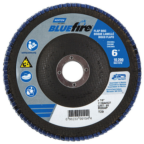 Norton Abrasives Flap Disc, 6 In x 60 Grit, 7/8 66623399194