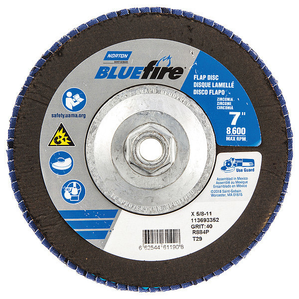 Norton Abrasives Flap Disc, 7 In x 40 Grit, 5/8-11 66254461190