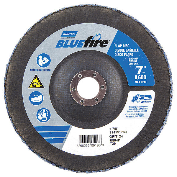 Norton Abrasives Flap Disc, 7 In x 24 Grit, 7/8 66623399196