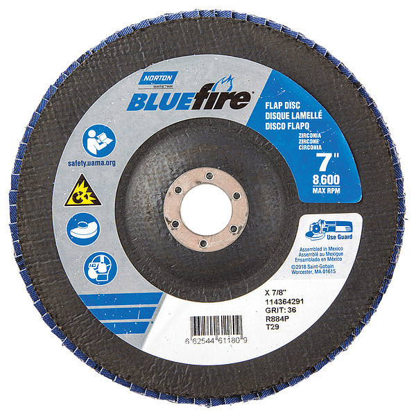 Norton Abrasives Flap Disc, 7 In x 36 Grit, 7/8 66254461180