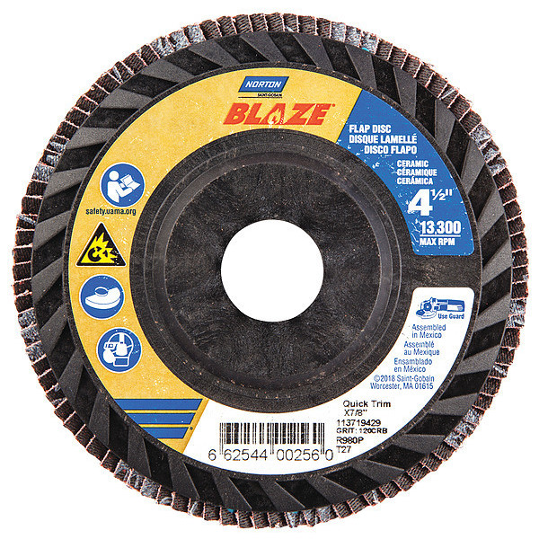 Norton Abrasives Flap Disc, 4 1/2 In x 120 Grit, 7/8 66254400256