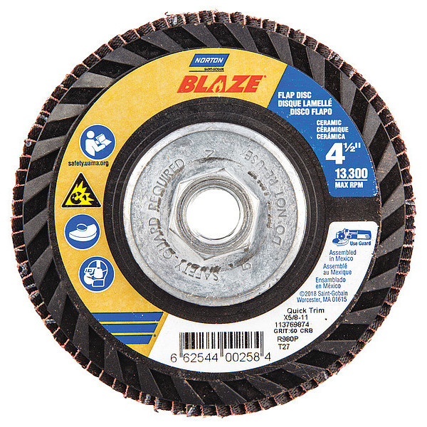 Norton Abrasives Flap Disc, 4 1/2 In x 60 Grit, 5/8-11, Series: SG Blaze(R) 66254400258