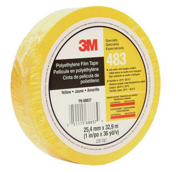 3M Film Tape, Polyethylene, Yellow, 1In x 36Yd 483