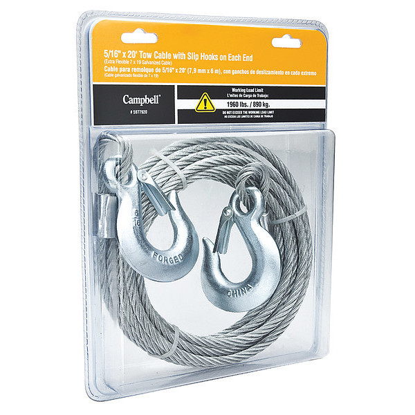 Campbell Chain & Fittings 5/16" X 20' Tow Cable, Galvanized, with Slip Hooks on Each End, 1 per Plastic Clamshell 5977920