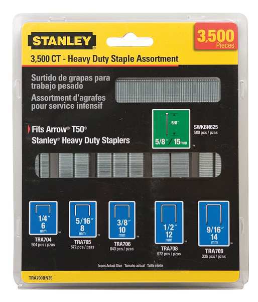 Stanley Heavy Duty Staples & Brad Assortment, 18 ga, Narrow Crown, 5/8 in Leg L, Steel, 3500 PK TRA700BN35