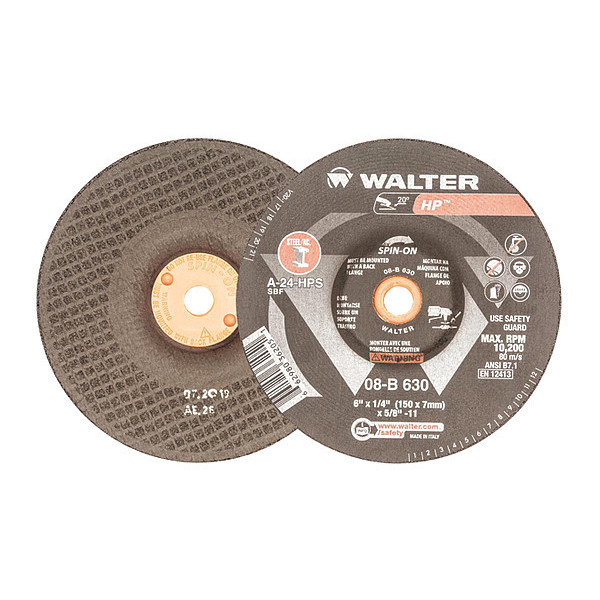 Walter Surface Technologies Grind Wheel, Spin T27s 6x1/4x5/8-11, Type 27, 6.29 in Dia, 0.55 in Thick 08B630
