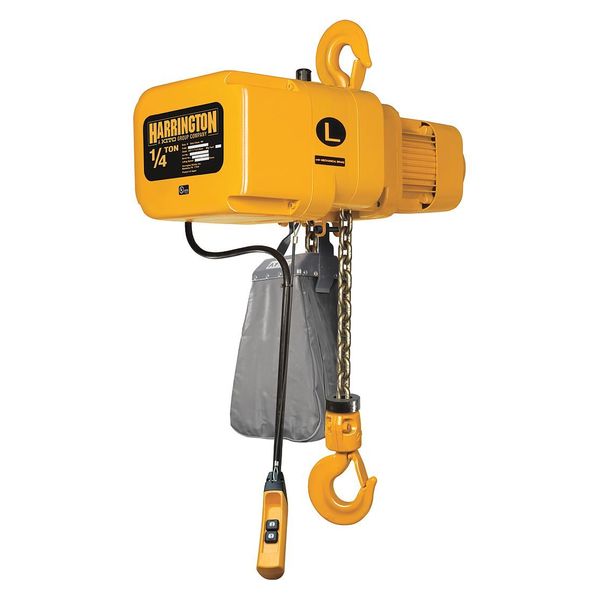 Harrington Electric Chain Hoist, 500 lb, 20 ft, Hook Mounted - No Trolley, 208/230/460V, Yellow NER003H-20