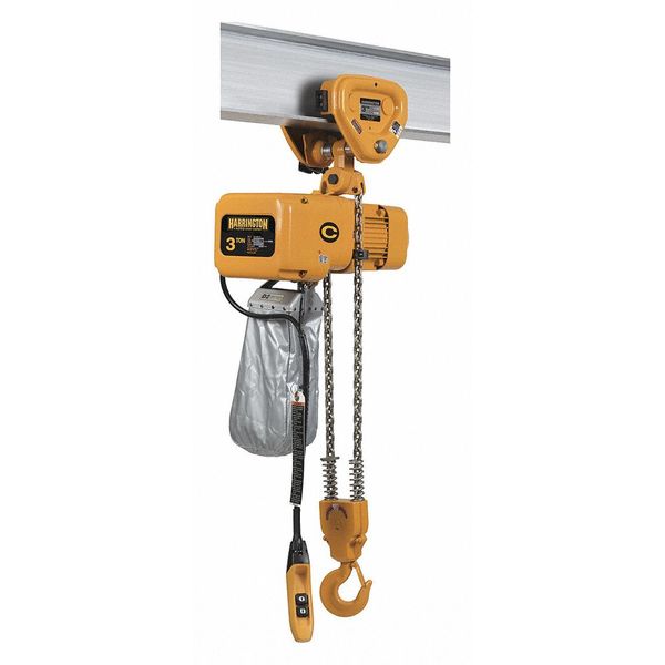 Harrington Electric Chain Hoist, 6,000 lb, 10 ft, Push Trolley, 208/230/460V, Yellow NERP030C-10