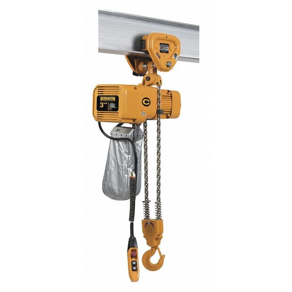 Harrington Electric Chain Hoist, 6,000 lb, 20 ft, Push Trolley, 230V, Yellow NERP030CD-20 / 230v