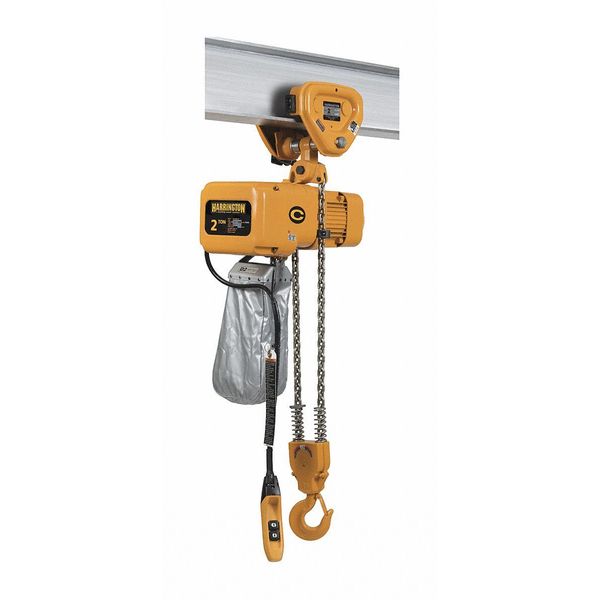 Harrington Electric Chain Hoist, 4,000 lb, 20 ft, Push Trolley, 208/230/460V, Yellow NERP020C-20