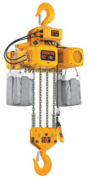 Harrington Electric Chain Hoist, 20,000 lb, 10 ft, Hook Mounted - No Trolley, Yellow NER100S-10