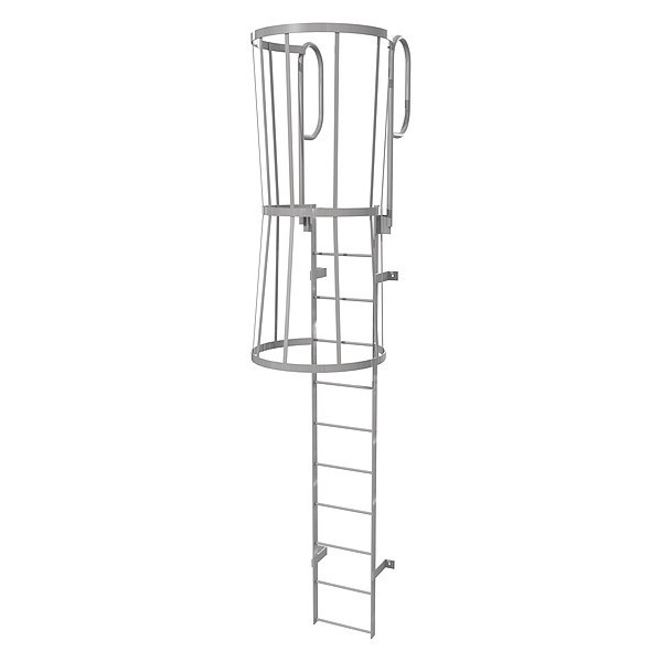 Tri-Arc 14 ft Fixed Ladder with Safety Cage, Steel, 11 Steps, Top Exit, Gray Powder Coated Finish WLFC1211