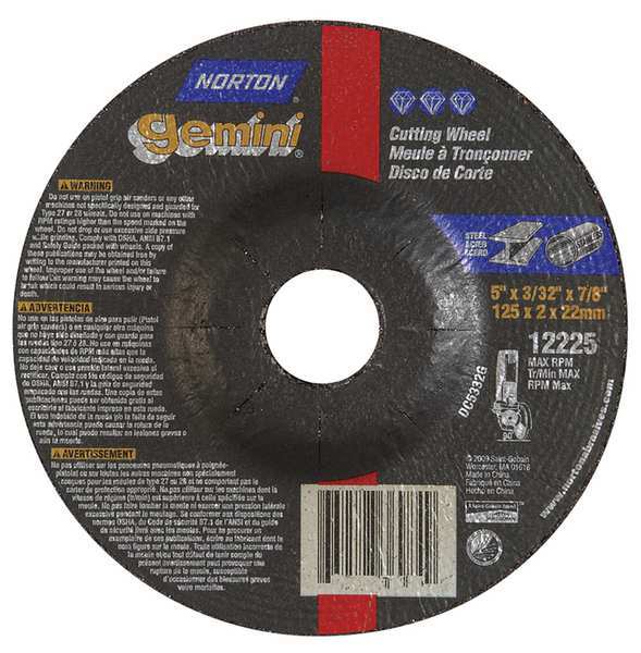 Norton Abrasives Depressed Center Wheels, Type 27, 5 in Dia, 0.0938 in Thick, 7/8 in Arbor Hole Size, Aluminum Oxide 66252843587