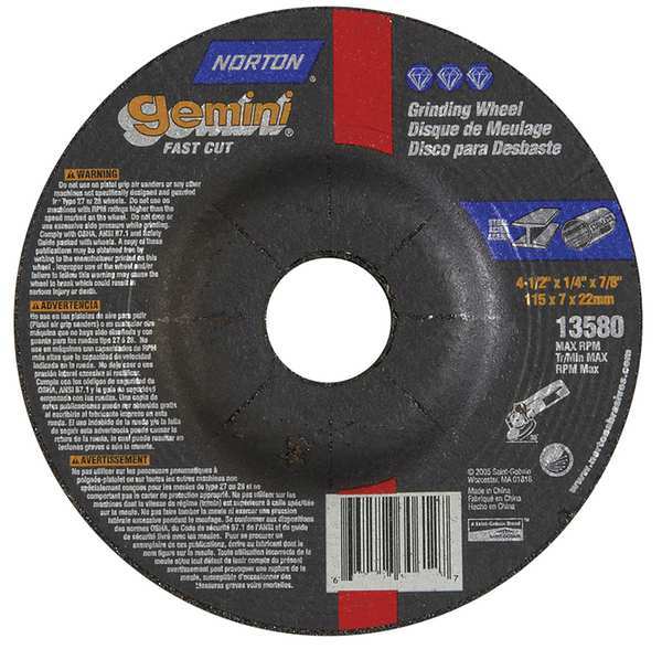 Norton Abrasives Depressed Center Wheels, Type 27, 4 1/2 in Dia, 0.25 in Thick, 7/8 in Arbor Hole Size 66252843584