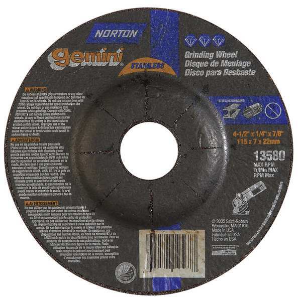 Norton Abrasives Depressed Center Wheels, Type 27, 4 1/2 in Dia, 0.25 in Thick, 7/8 in Arbor Hole Size 66252842033