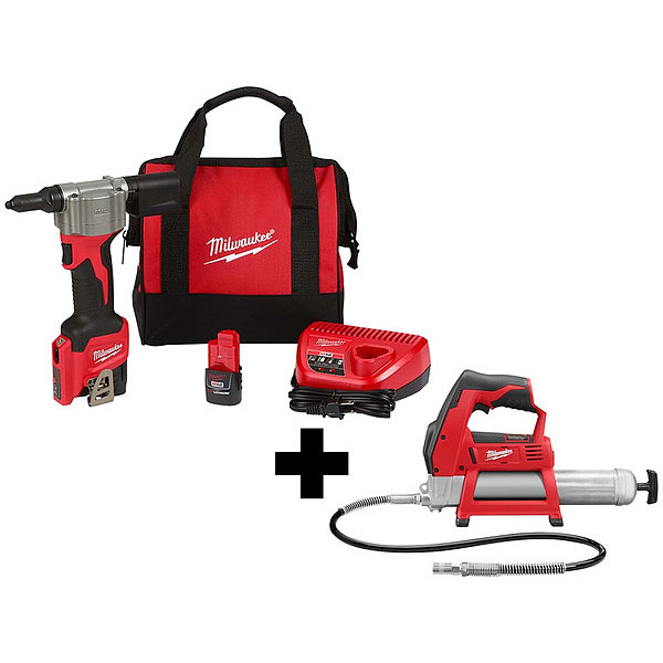 Milwaukee Tool M12 Rivet Tool Kit, M12 Grease Gun 2550-22, 2446-20