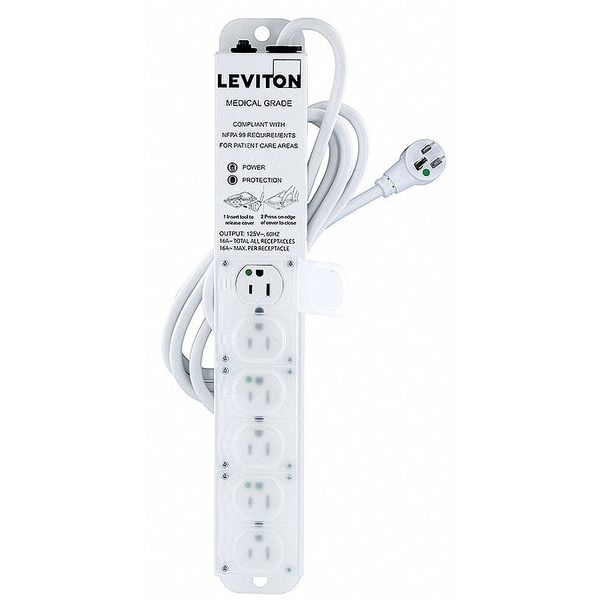 Leviton Outlet Strip, 15 A, 7 ft Cord L, 6 Outlets 5306M-1S7