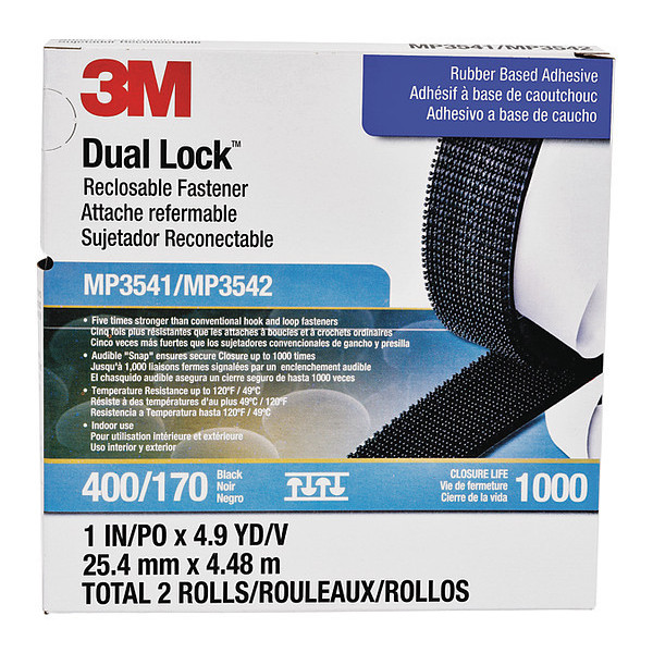 3M Reclosable Fastener, Acrylic Adhesive, 4.9 yds, 1 in Wd, Black, 5 PK MP3541/MP3542