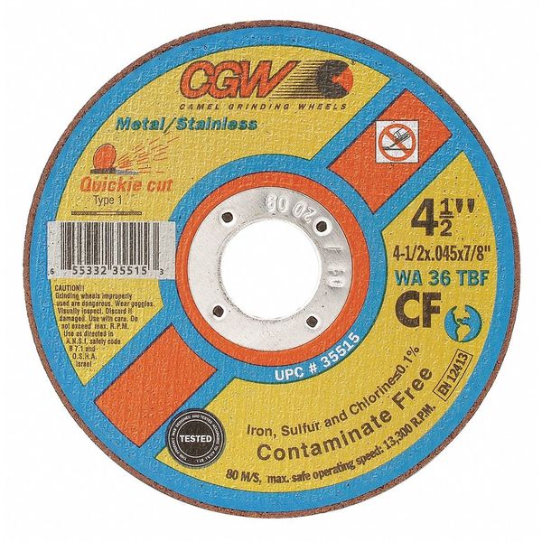 Cgw Abrasives CutOff Whl, 6x0.045x7/8, T1, WA36TBF, CF 36302