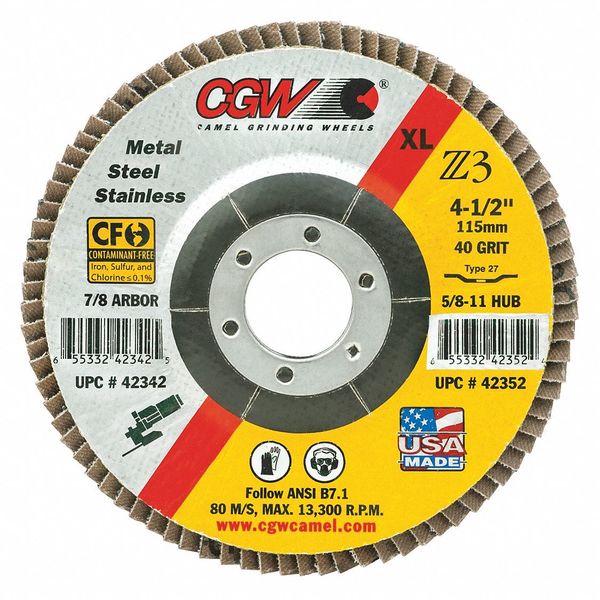 Cgw Abrasives Flap Disc, 4.5x5/8-11, T27, Z3, XL, 40G 42352