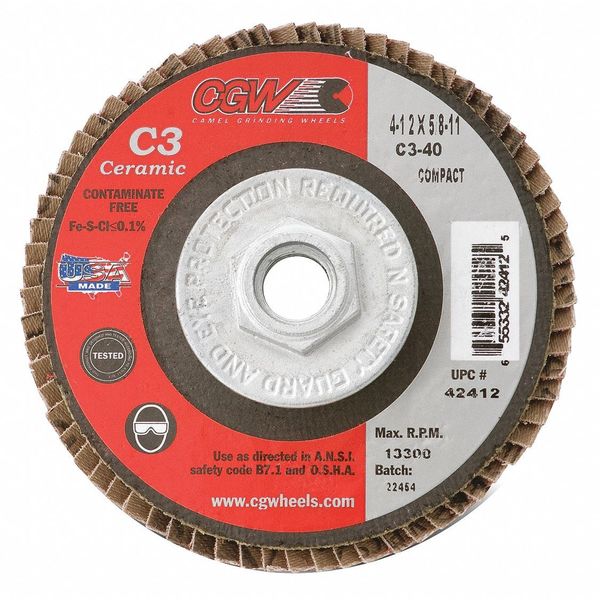 Cgw Abrasives Flap Disc, 4.5x5/8-11, C3 Cmpct Cer Rg, 60G 42414