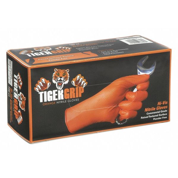 Tiger Grip Textured Surface Gloves, 7 mil Palm, Nitrile, Powder-Free, L, 100 PK, Orange 8844L