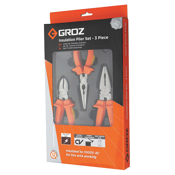 Groz 3 Piece CRV Pliers Shock-Proof, Anti-Slip TPR Handle 31570