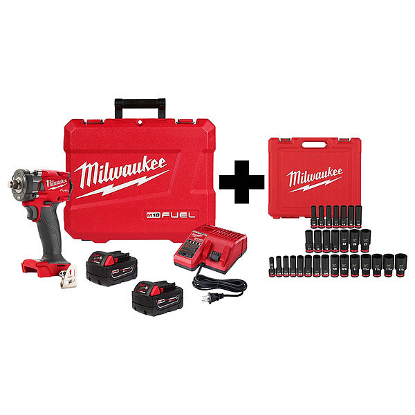 Milwaukee Tool M18 1/2"Compact Impact Wrench, Socket Set 2855-22R,49-66-7016