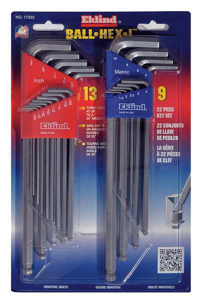 Eklind 22-Piece Hex Key Set, Combination Ball-Hex-L, Extra Long, Metric and SAE, Plastic Holder, 17322 17322