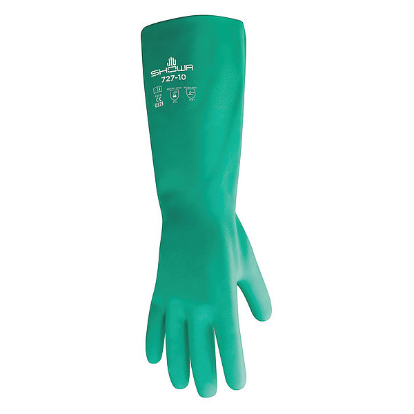 Showa Chemical Resistant Gloves, Nitrile, Unlined, 15 mil Thickness, 13 in Length, Green, XS, 1 Pair 727-06