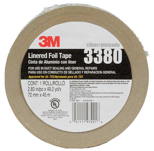 3M Foil Tape with Liner, 2-53/64inx49yd, Slvr 3380