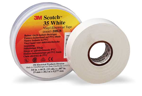 3M Vinyl Electrical Tape, 35, Scotch, 3/4 in W x 66 ft L, 7 mil thick, White, 1 Pack 10828