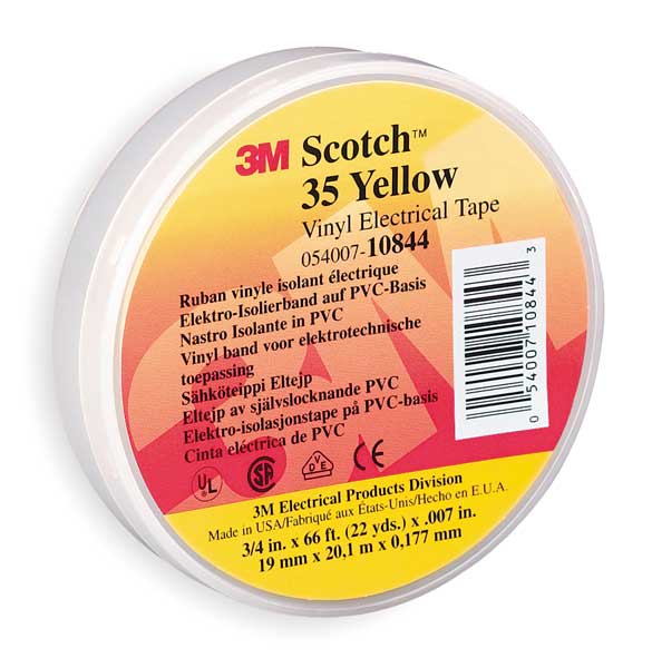 3M Vinyl Electrical Tape, 35, Scotch, 3/4 in W x 66 ft L, 7 mil thick, Yellow, 1 Pack 10844