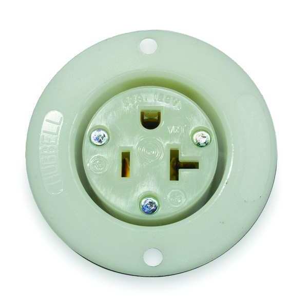 Hubbell Flanged Receptacle, 20 A Amps, 125V AC, Panel Mount, Single Outlet, 5-20R, White HBL5379C