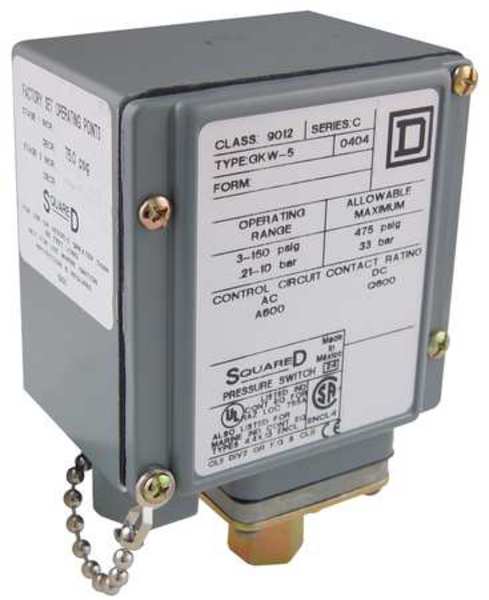 Telemecanique Sensors Pressure Switch, (1) Port, 1/4-18 in FNPT, SPDT, 5 to 250 psi, Standard Action 9012GKW6