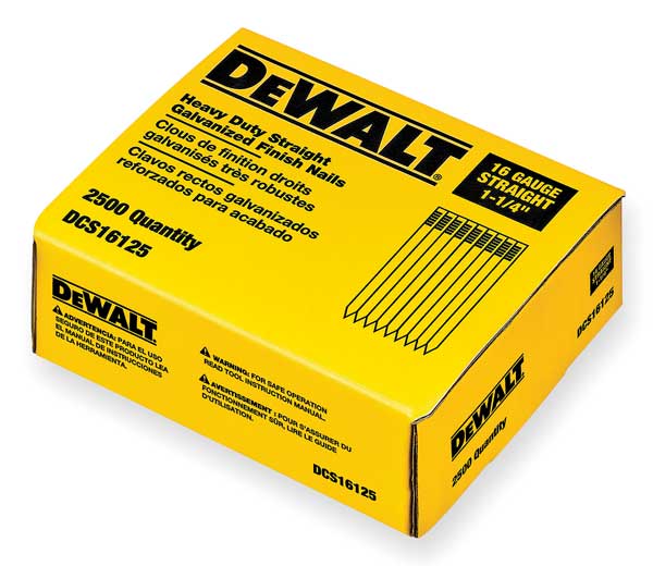 Dewalt Collated Finishing Nail, 1-1/4 in L, 16 ga, Bright, T-Head Head, Straight, 2500 PK DCS16125