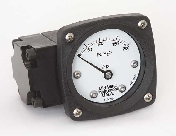 Midwest Instrument Pressure Gauge, 0 to 200 In H2O 142-AA-00-OO-200H